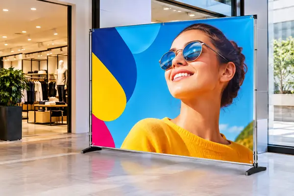 Exemplo ilustrativo de banner e material de comunicação visual
